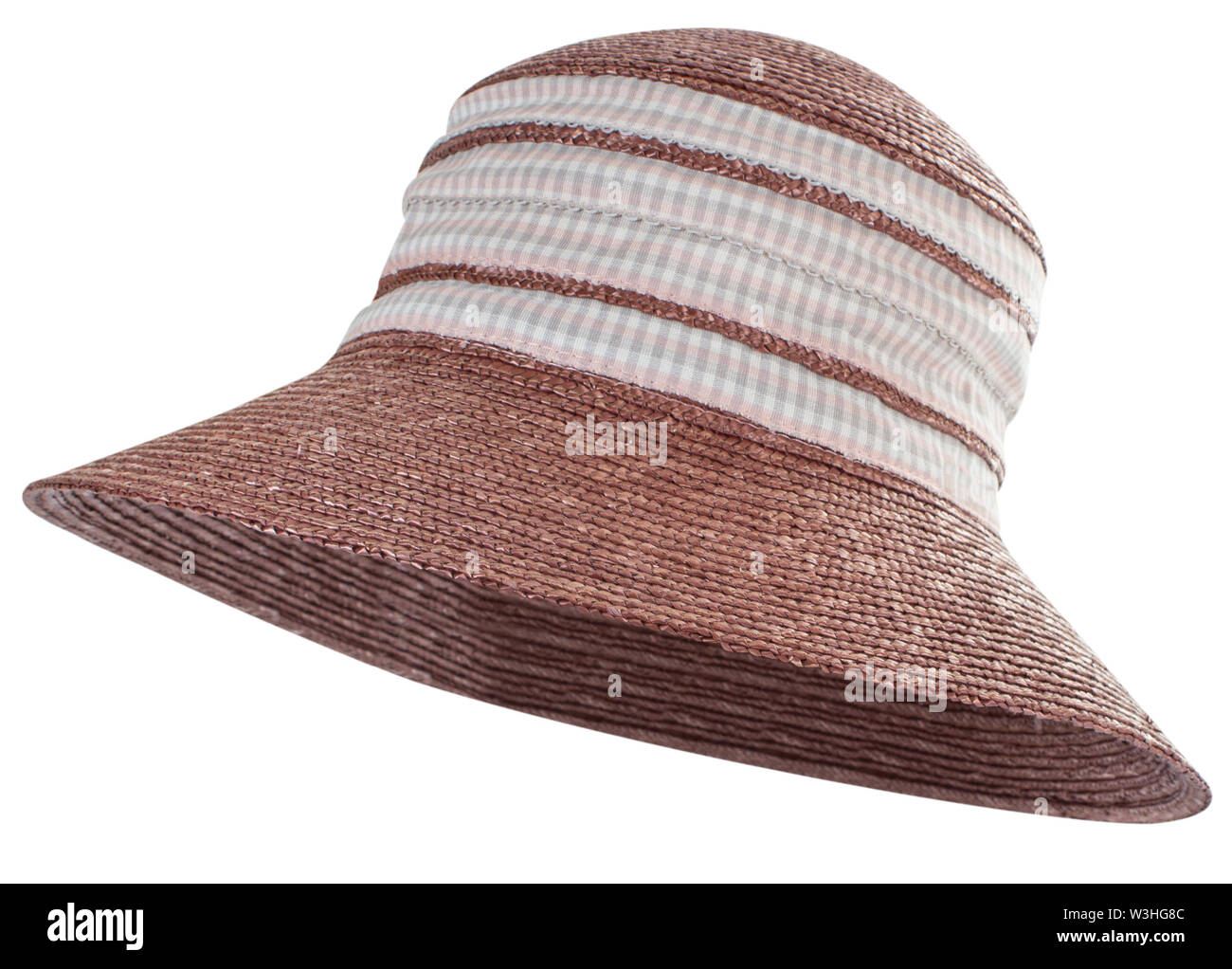 brown straw hat with checkered ribbon isolated on white background Stock Photo