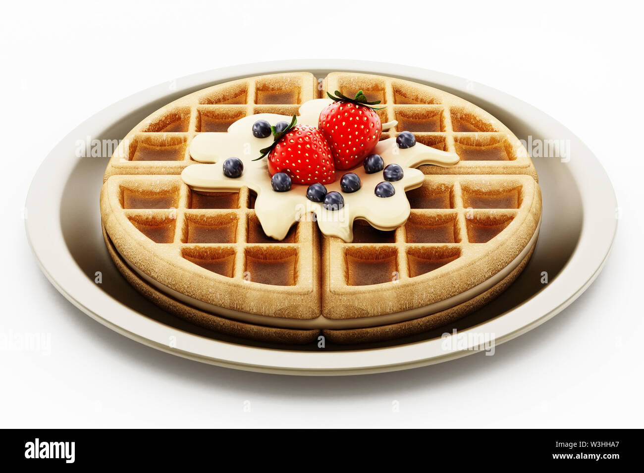 Belgian waffle with chocolate sauce and berries isolated on white ...
