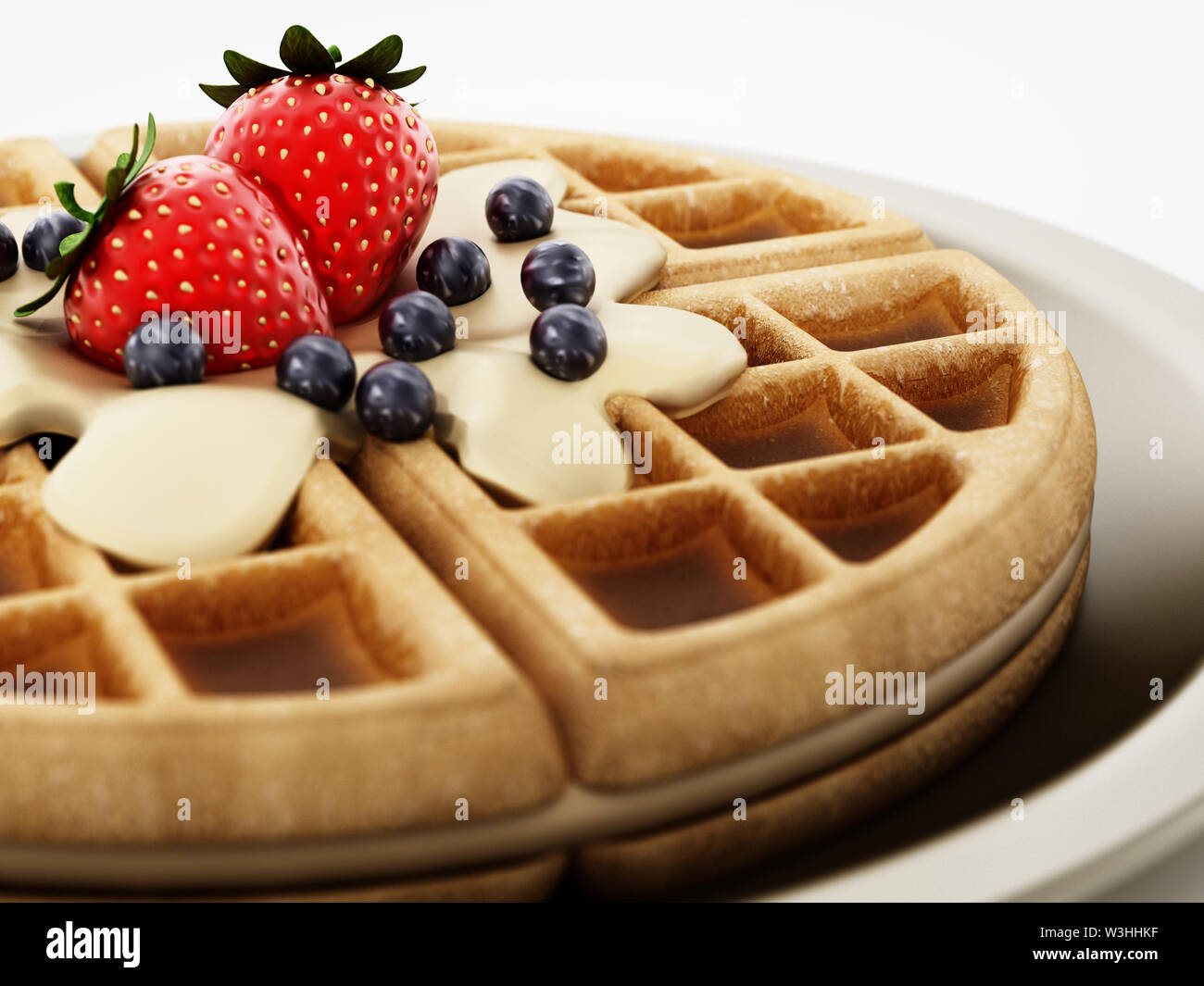 Belgian waffle with chocolate sauce and berries isolated on white ...