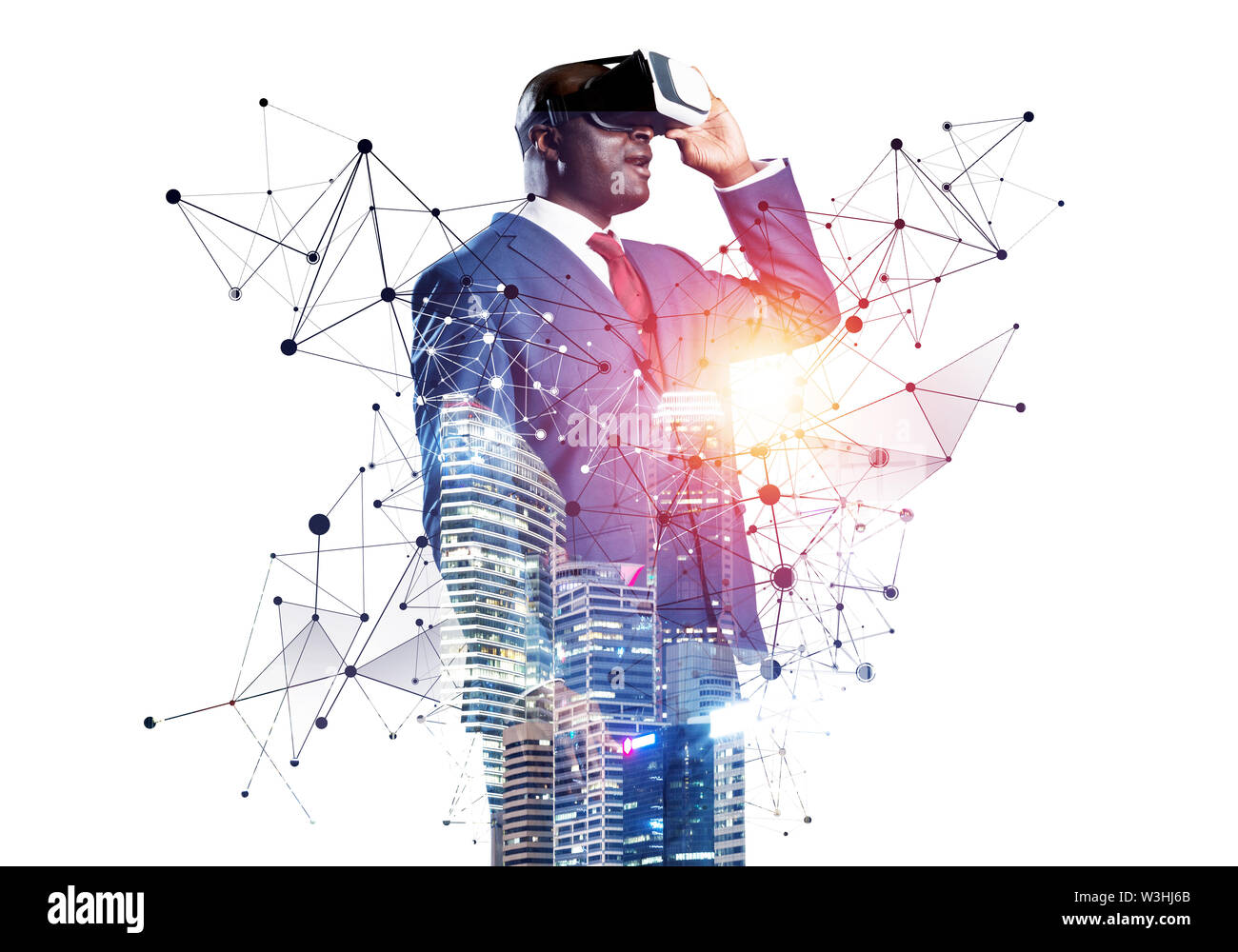 African businessman wearing VR goggles and exploring virtual reality ...