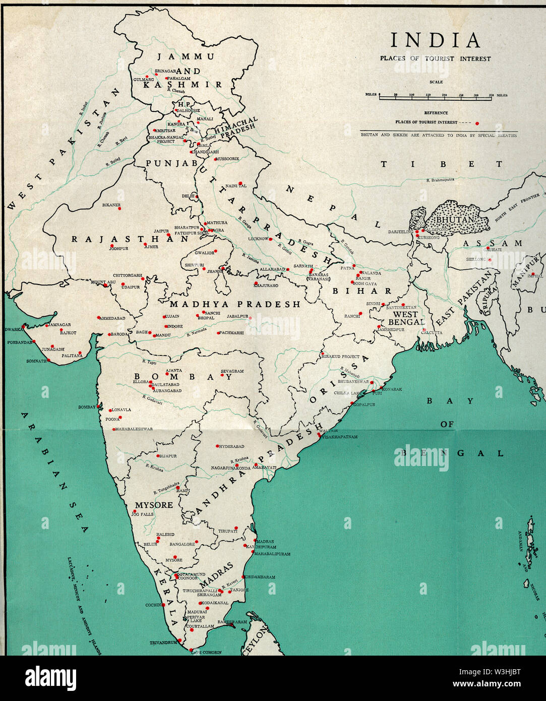 vintage Tourist MAP showing Ceylon and East Pakistan (now Bangladesh) travel destinations of-India Stock Photo