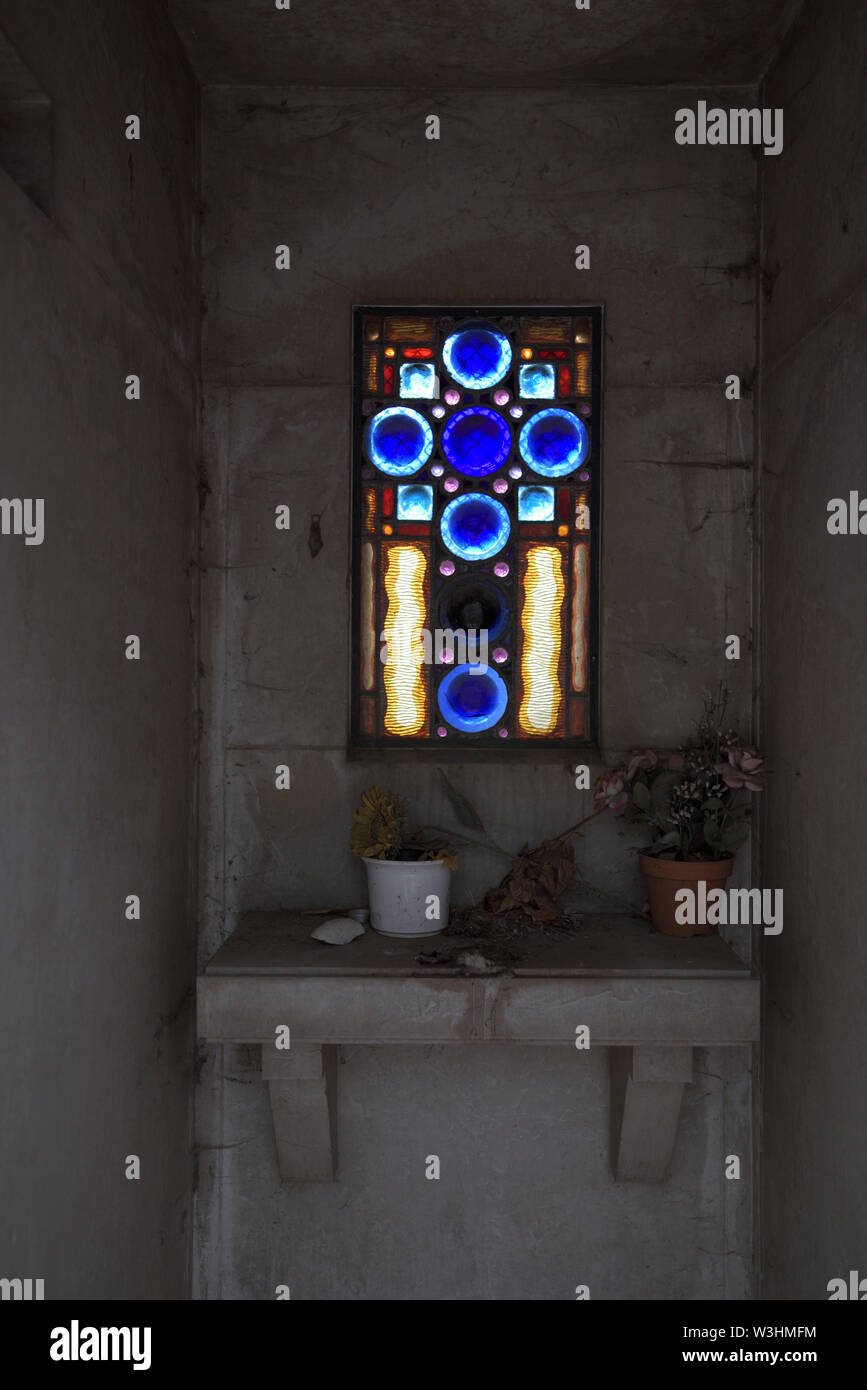 stained glass window at the Pere Lachaise Cemetery, Paris, France Stock