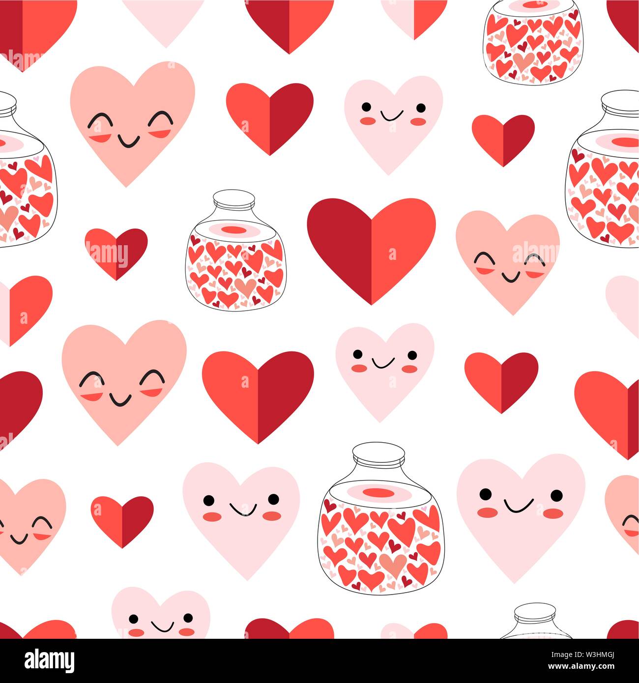 Lovely vector seamless festive pattern of funny hearts on a white background. Pattern for the design of wallpaper, fabric or packaging. Stock Vector