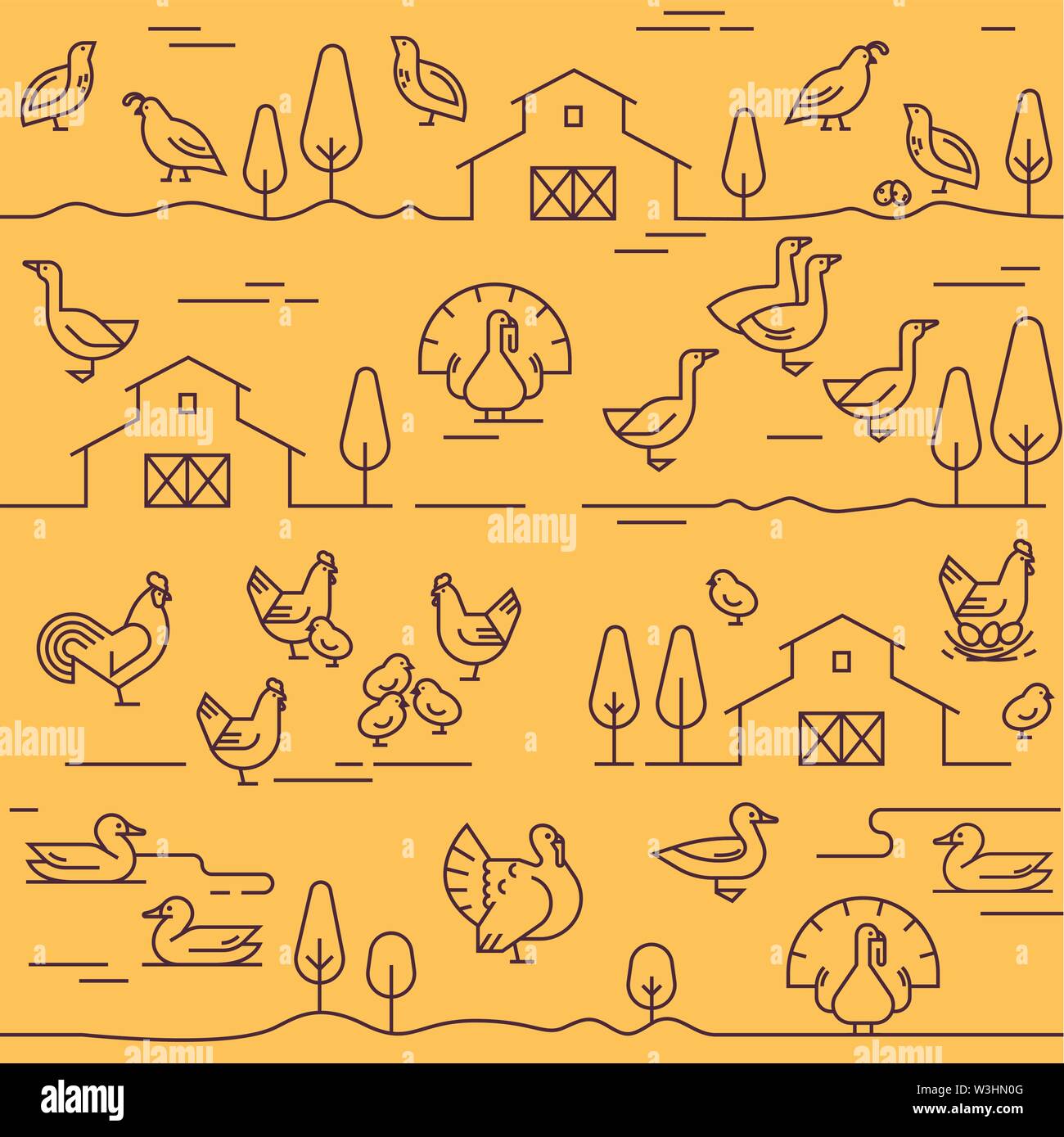 Seamless vector pattern of farm animals, buildings, equipment and other ...