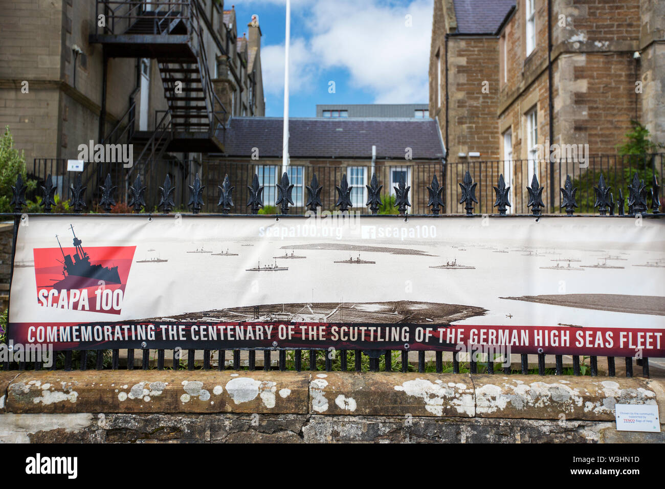 A banner commemrating the centenary of the scuttling of the German fleet in Scapa Flow, Orkney, Scotland, UK. Stock Photo