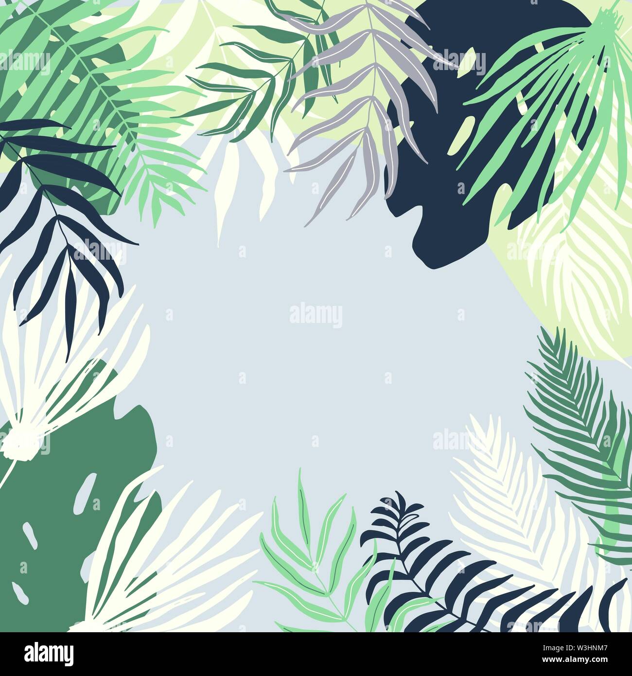 Summer banner with tropical leaves, poster with palm tree, jungle leaf and lettering. Floral tropical background, design template for social media pro Stock Vector