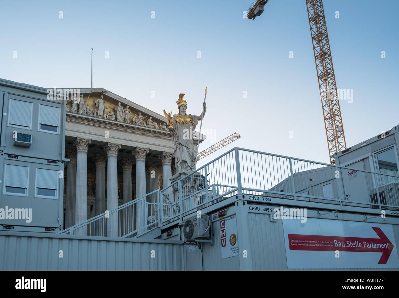 Exterior of Austrian Parliament building during refurbishment work, Vienna, Austria, July 2019 Stock Photo