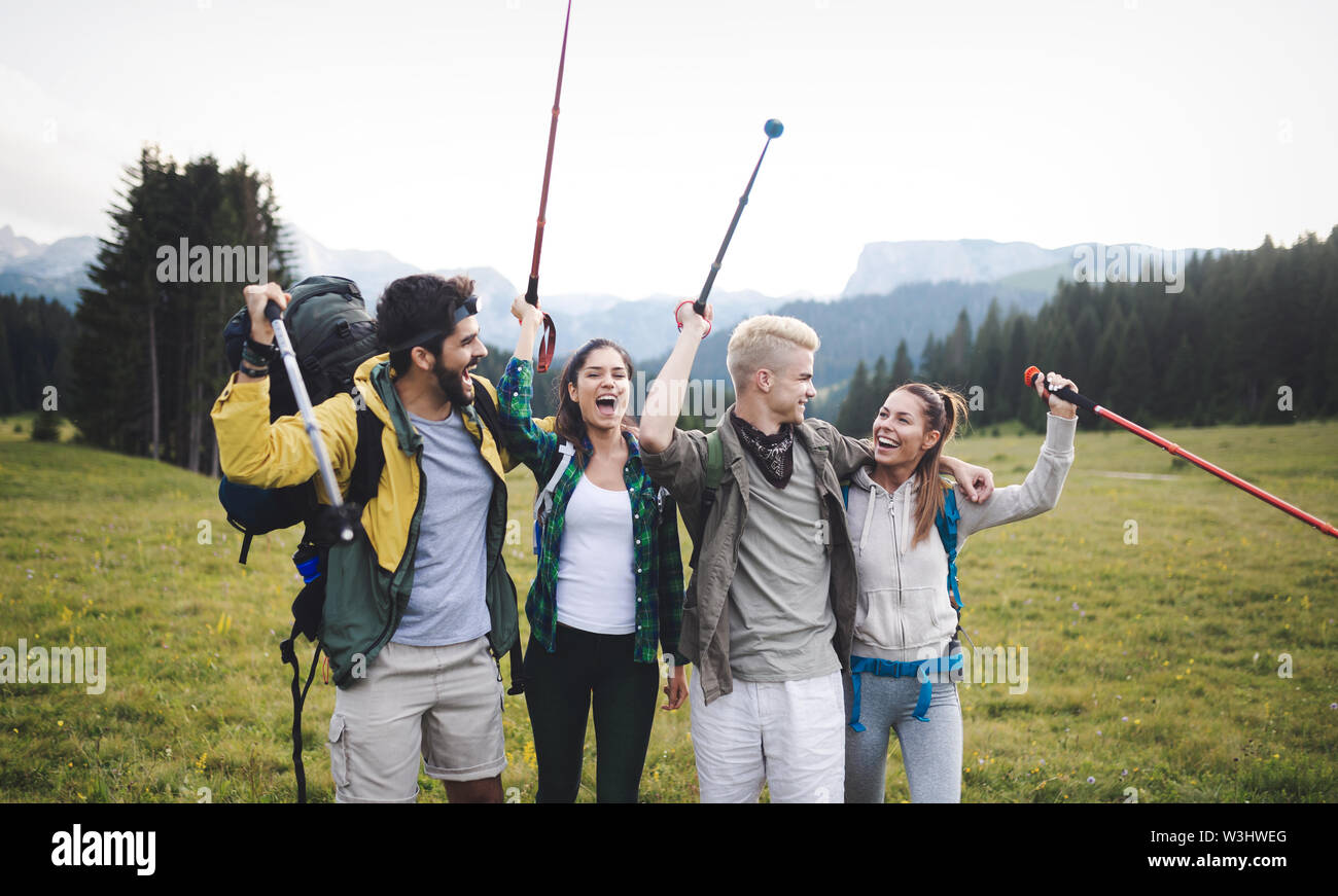 Group young hikers trekking hi-res stock photography and images - Alamy