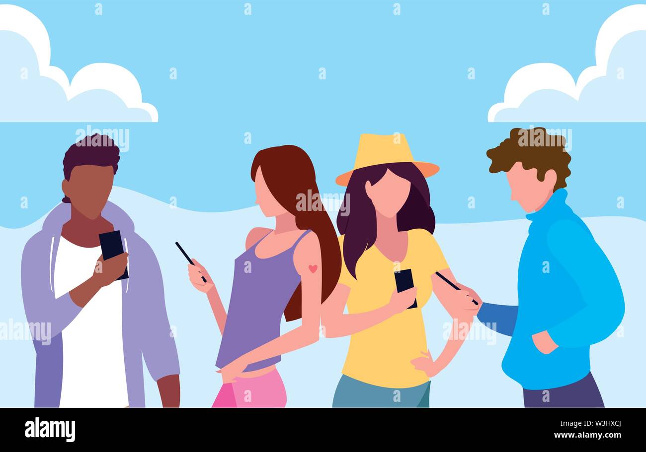 men and women using smartphone in the outdoors vector illustration ...