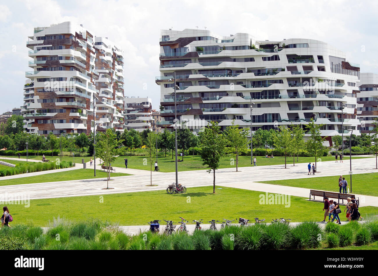 CityLife housing, apartment buildings in the Tre Torri quarter of Milan, Italy, part of a huge urban-redevelopment project, architect Zaha Hadid Stock Photo