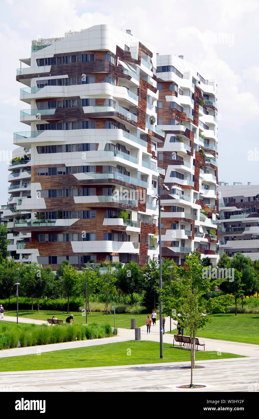 CityLife housing, apartment buildings in the Tre Torri quarter of Milan, Italy, part of a huge urban-redevelopment project, architect Zaha Hadid Stock Photo