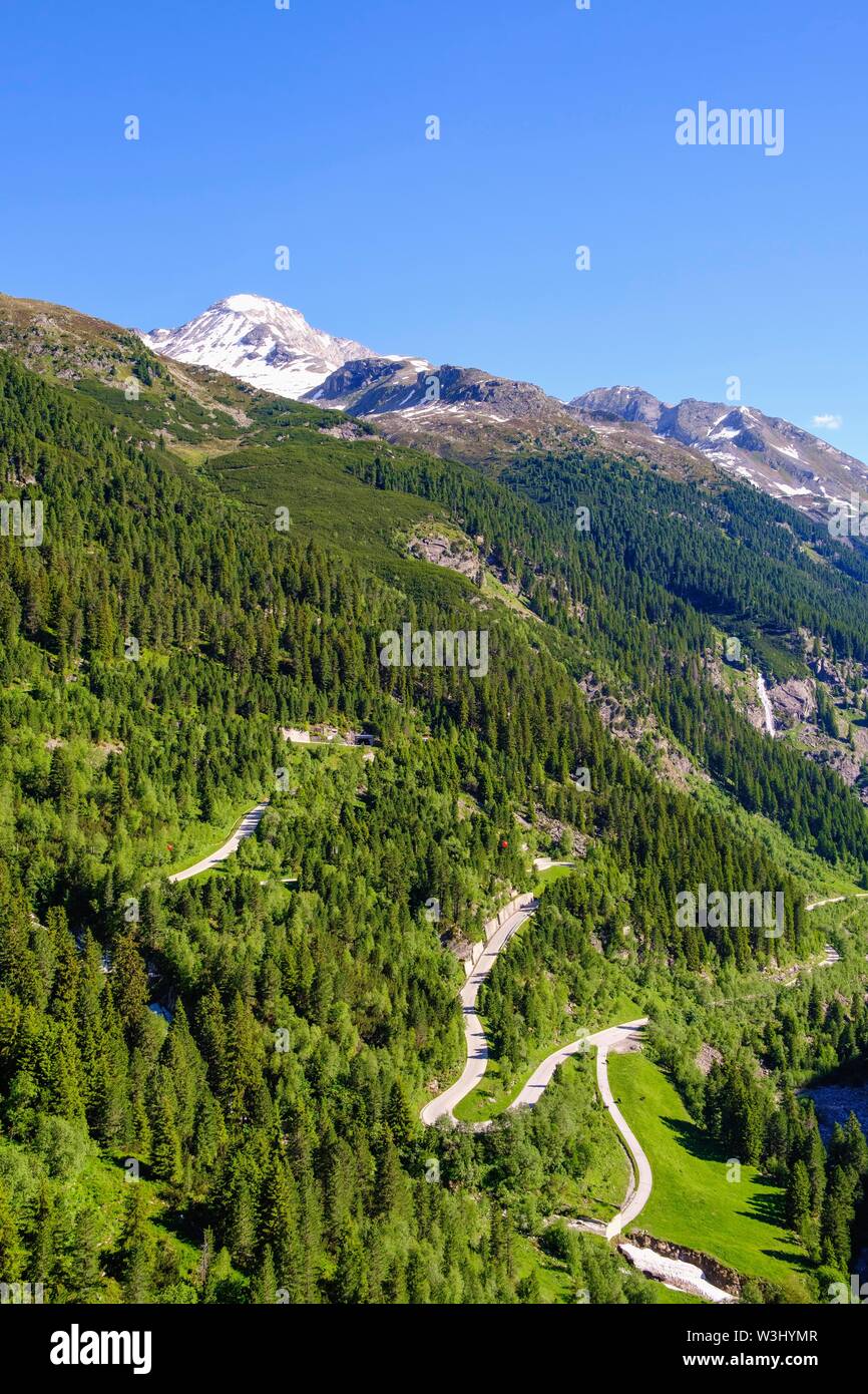 Schlegeis alpine road, behind Hoher Riffler, view from dam wall, Zillertaler Alps, near Finkenberg, Zillertal, Tyrol, Austria Stock Photo
