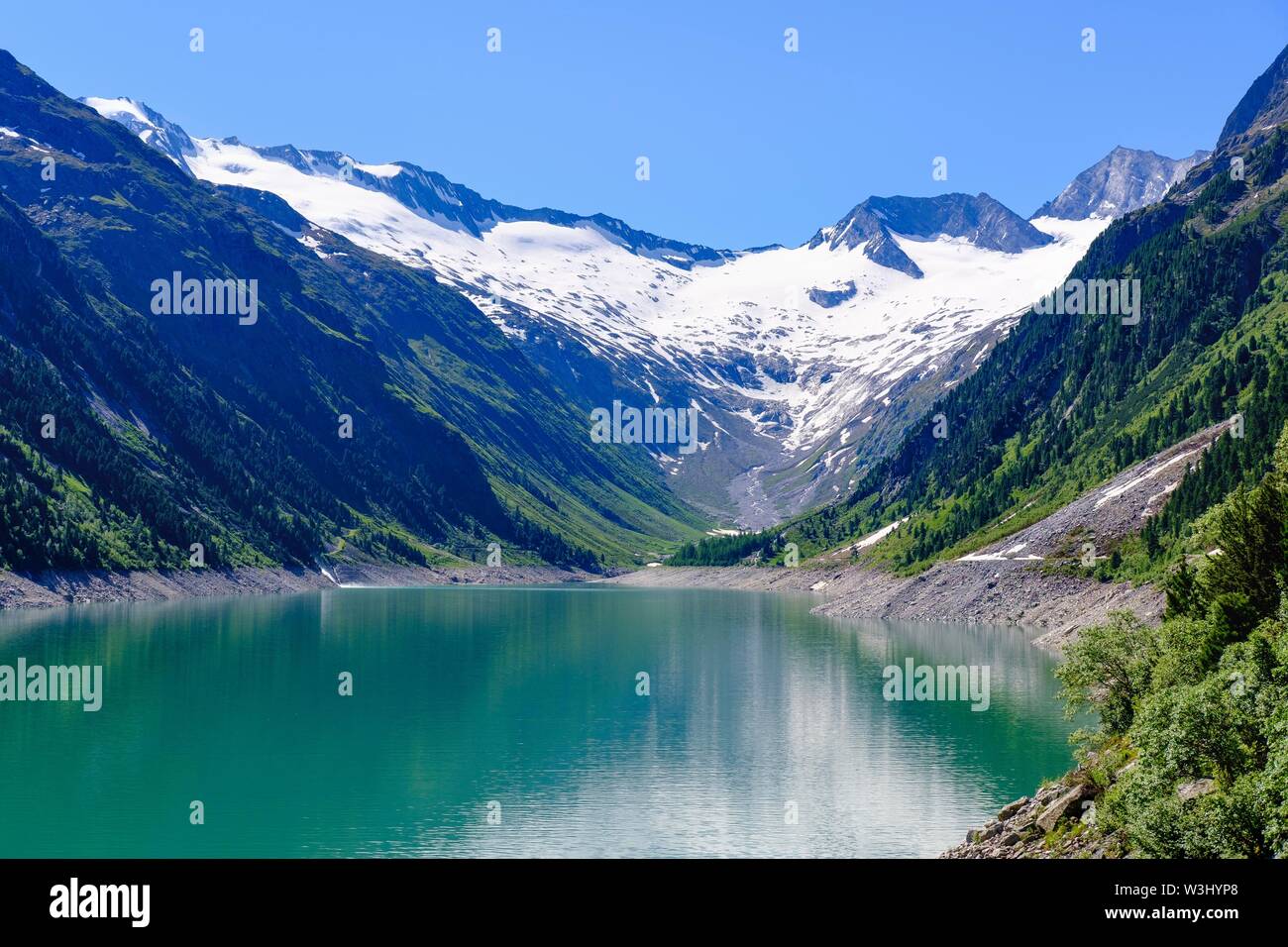Schlegeis reservoir, Schlegeis-Kees glacier, Zillertal Alps, near Finkenberg, Zillertal, Tyrol, Austria Stock Photo