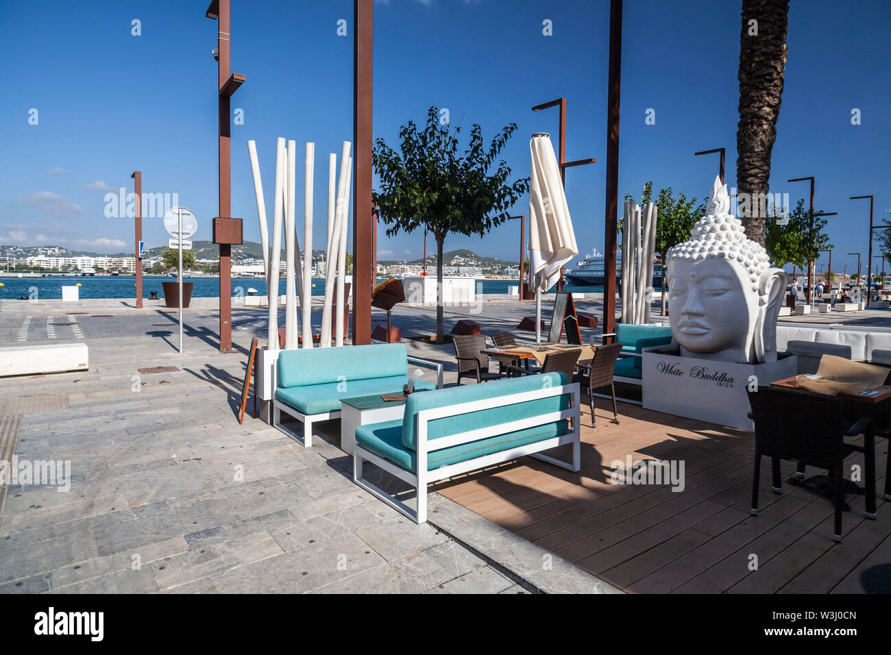IBIZA,SPAIN-OCTOBER 10,2019: Terrace Bar in port of Ibiza, Eivissa, Balearic Islands. Stock Photo