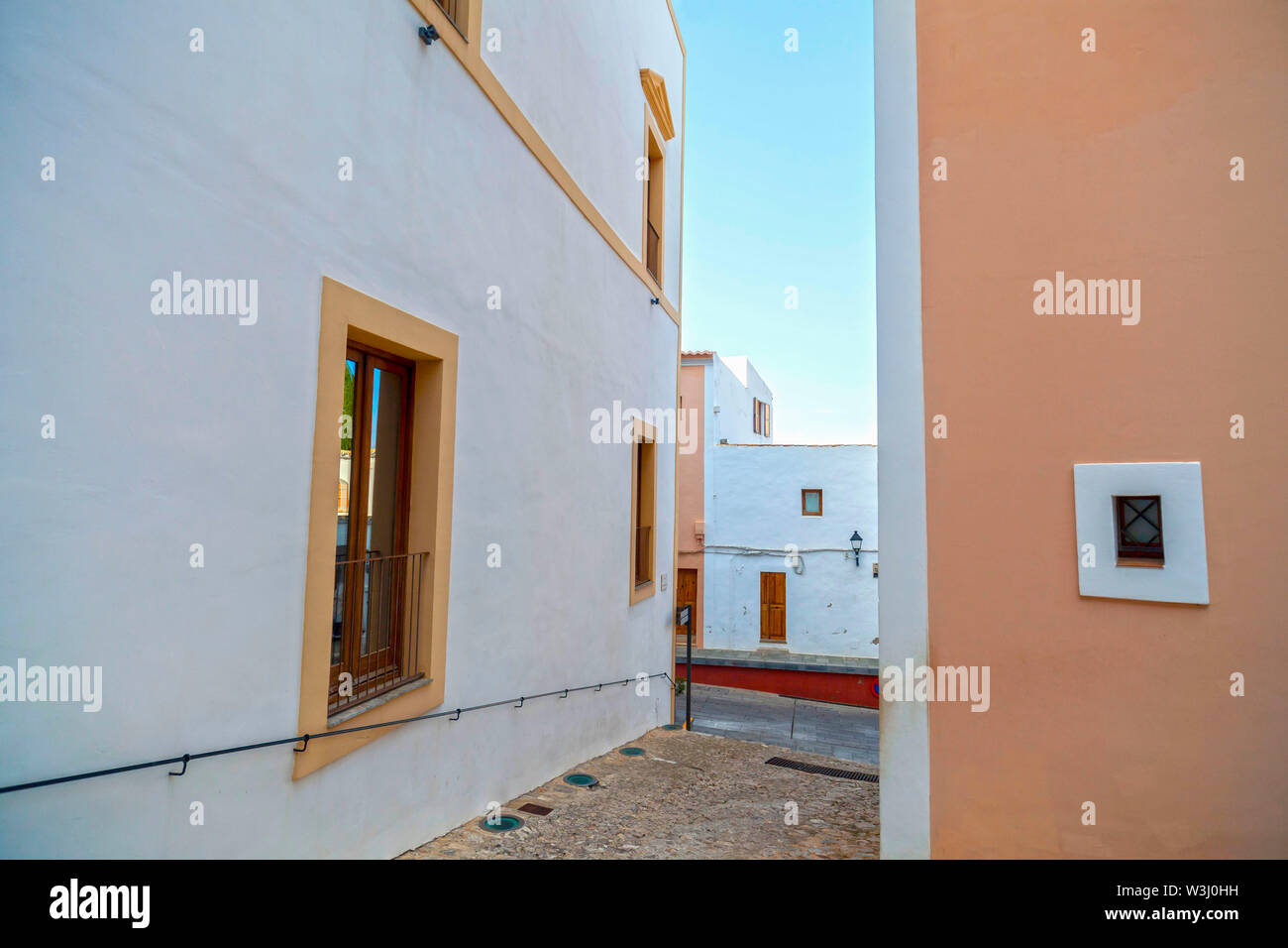 Typical street in historic center, Dalt Vila of Ibiza, Eivissa, Balearic Islands. Spain. Stock Photo
