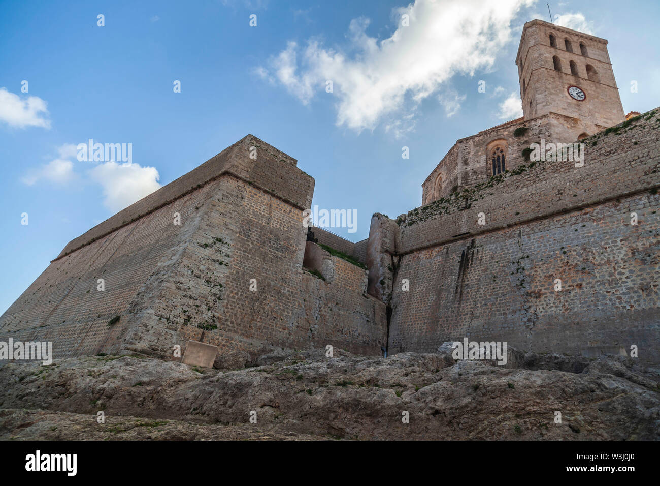 Ancient walls and cathedral in walled enclosure of Dalt Vila of Ibiza, Eivissa, Balearic Islands. Spain. Stock Photo