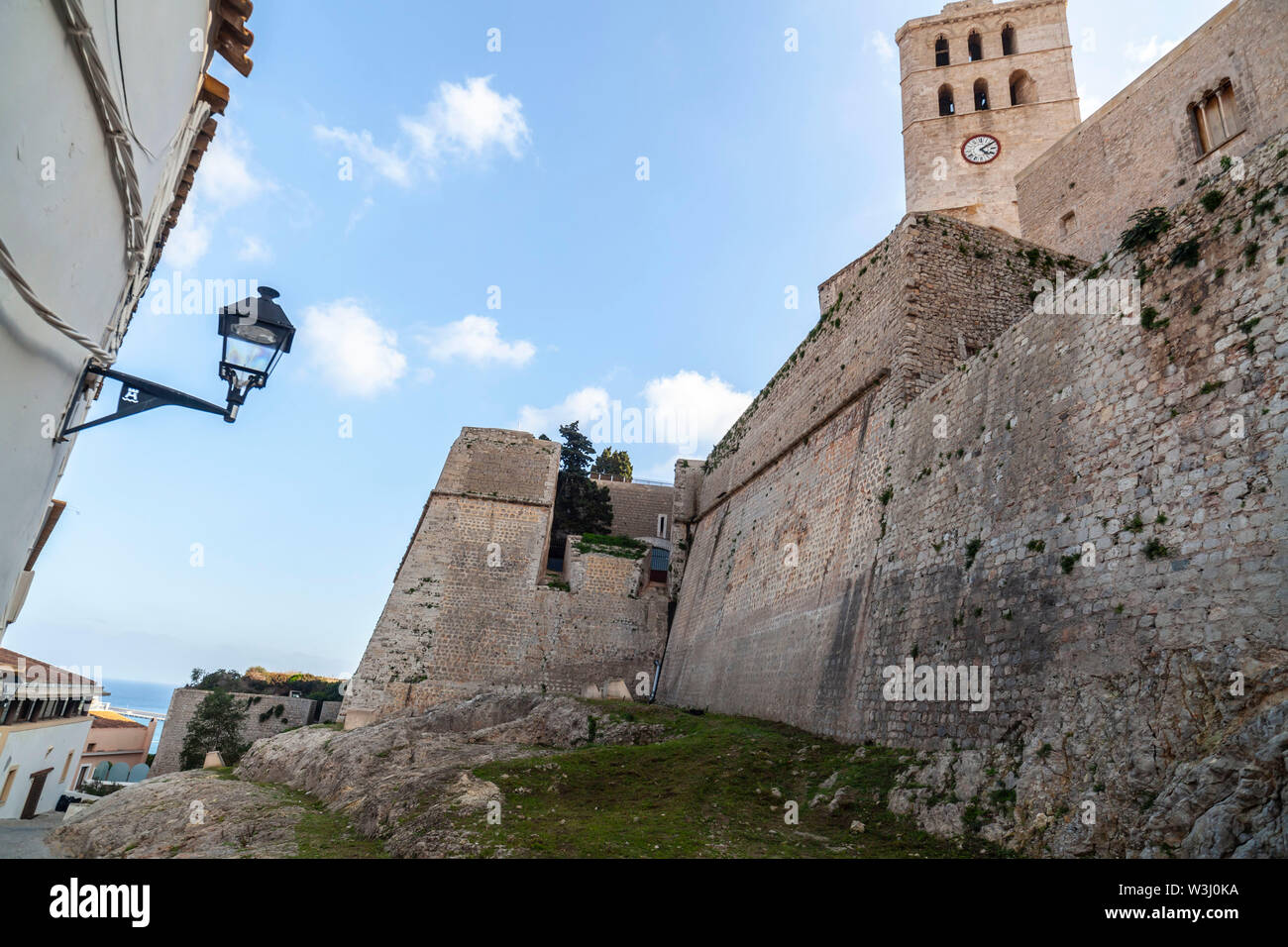Ancient walls and cathedral in walled enclosure of Dalt Vila of Ibiza, Eivissa, Balearic Islands. Spain. Stock Photo