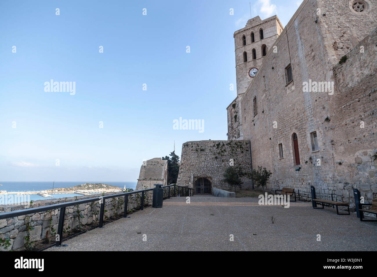 Cathedral in walled enclosure of Dalt Vila of Ibiza, Eivissa, Balearic Islands. Spain. Stock Photo