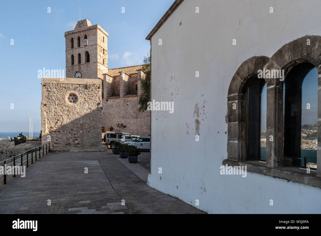 Cathedral in walled enclosure of Dalt Vila of Ibiza, Eivissa, Balearic Islands. Spain. Stock Photo