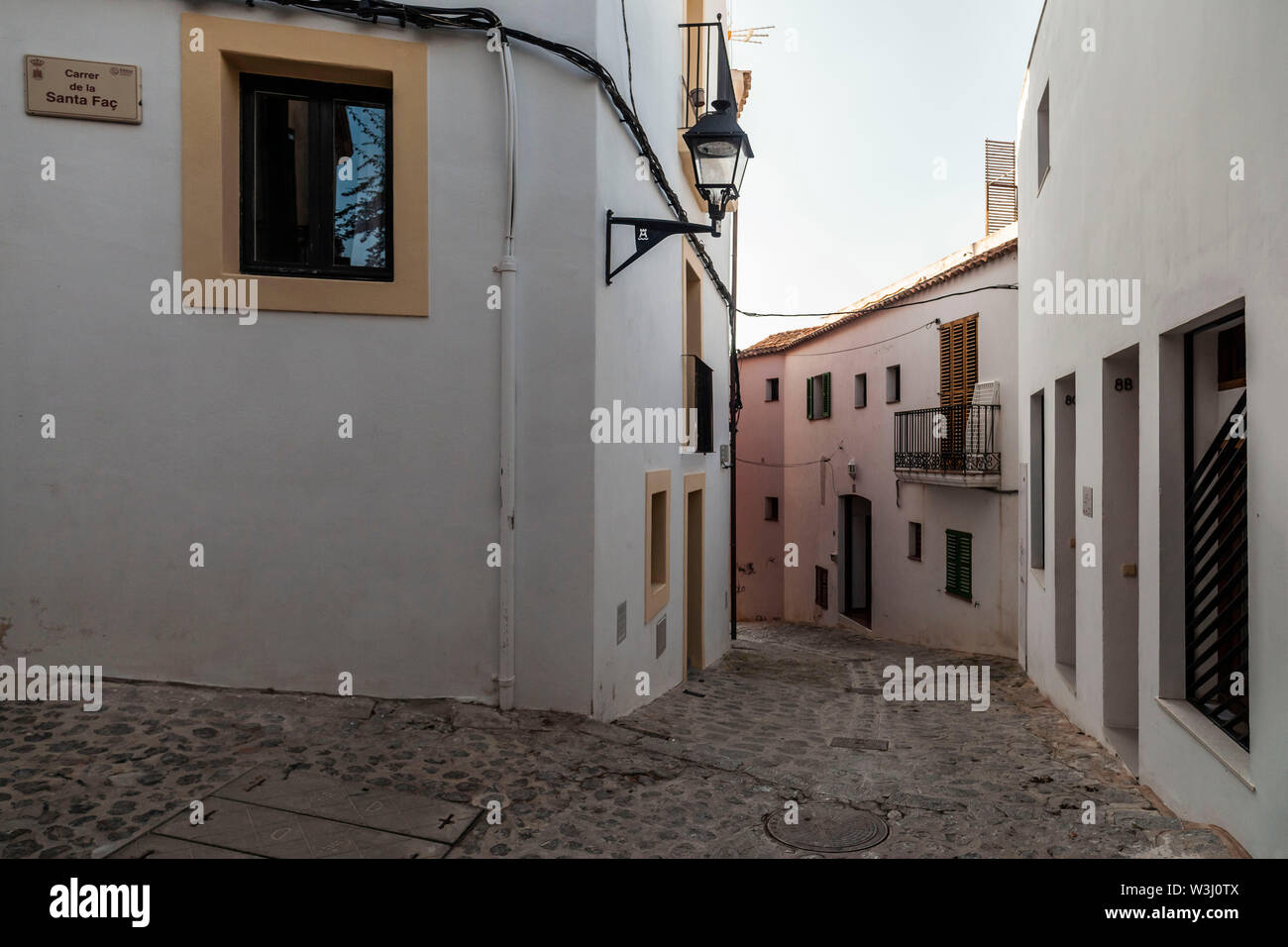 Typical street in historic center, Dalt Vila of Ibiza, Eivissa, Balearic Islands. Spain. Stock Photo