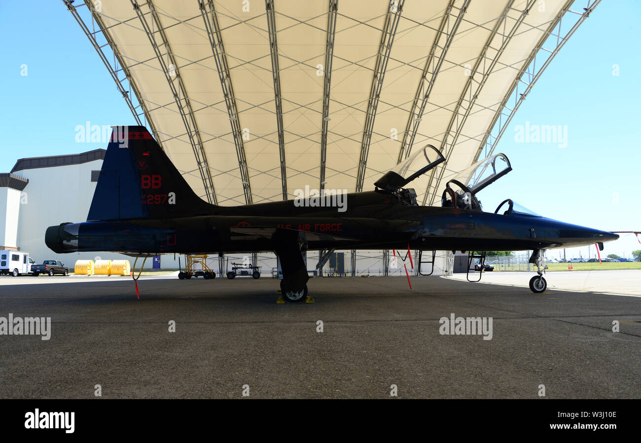 A T38 Talon sits under a sun shade July 11, 2019, at Beale Air Force