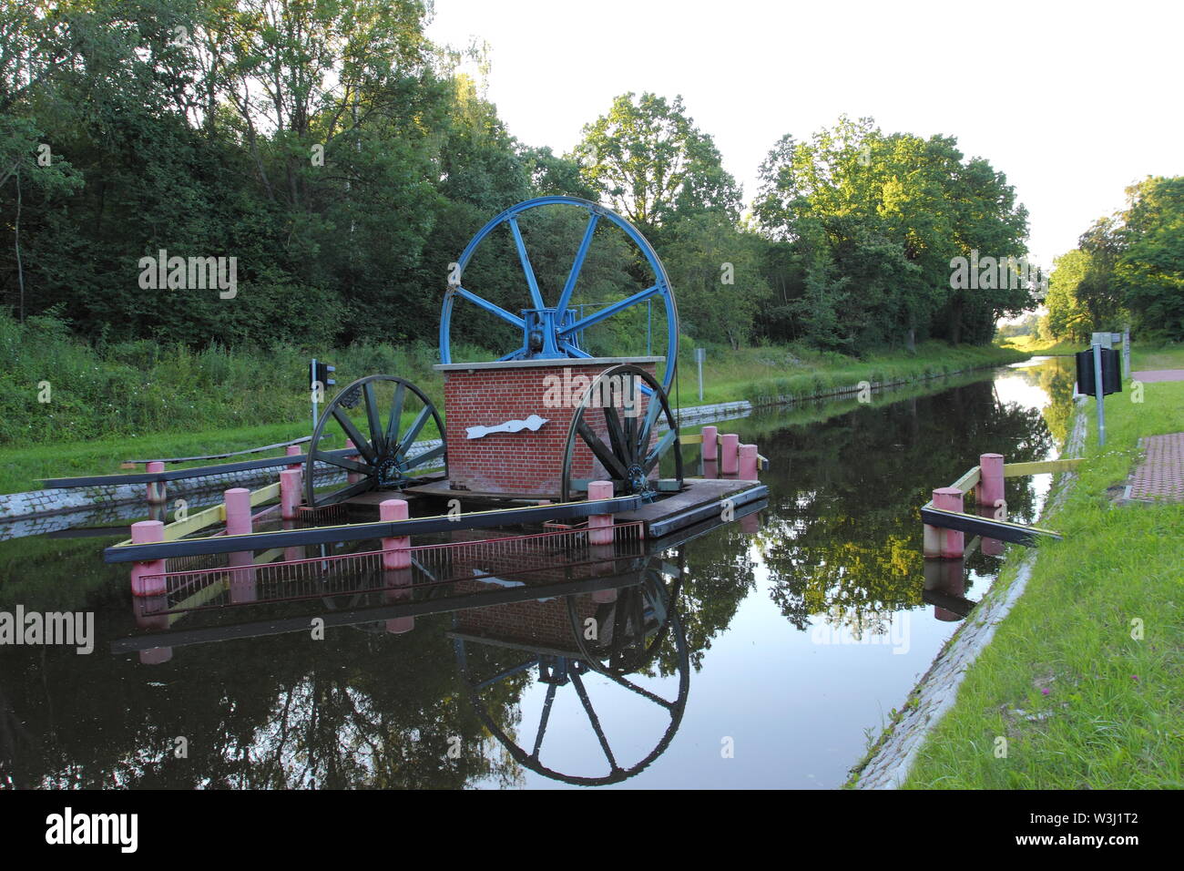The Inclined Planes and carriage in Buczyniec, Machinery for ships transporting over hills, Unesco memorial to world culture. Poland, Elblag Canal (Ob Stock Photo