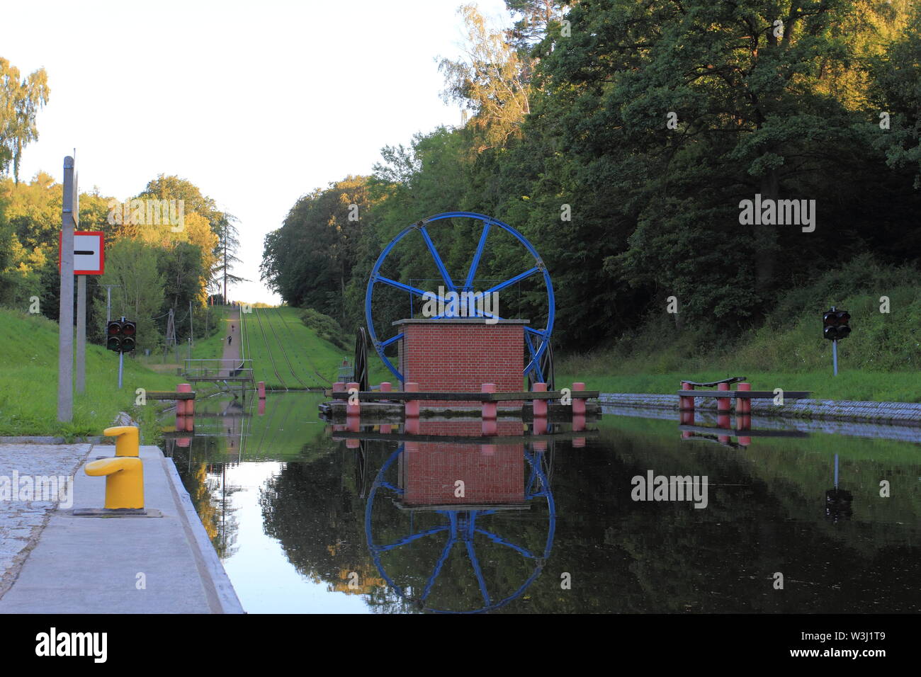 The Inclined Planes and carriage in Buczyniec, Machinery for ships transporting over hills, Unesco memorial to world culture. Poland, Elblag Canal, Po Stock Photo