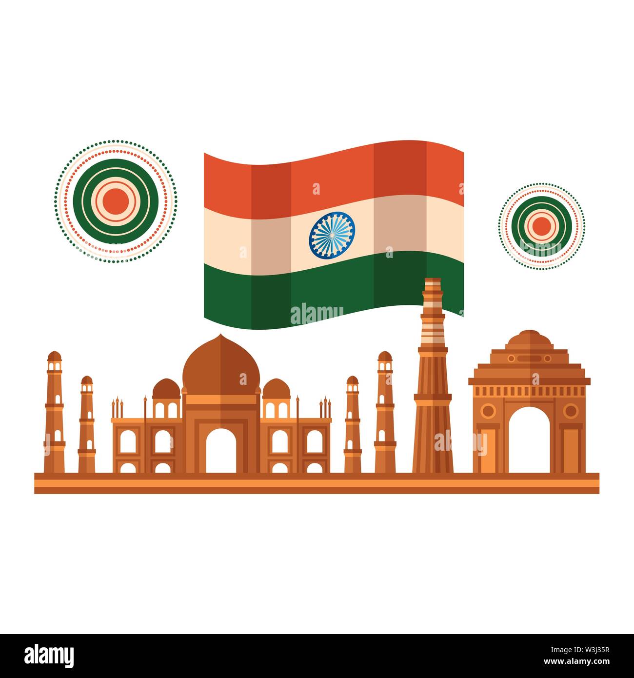 taj mahal indian and mosques with flag Stock Vector