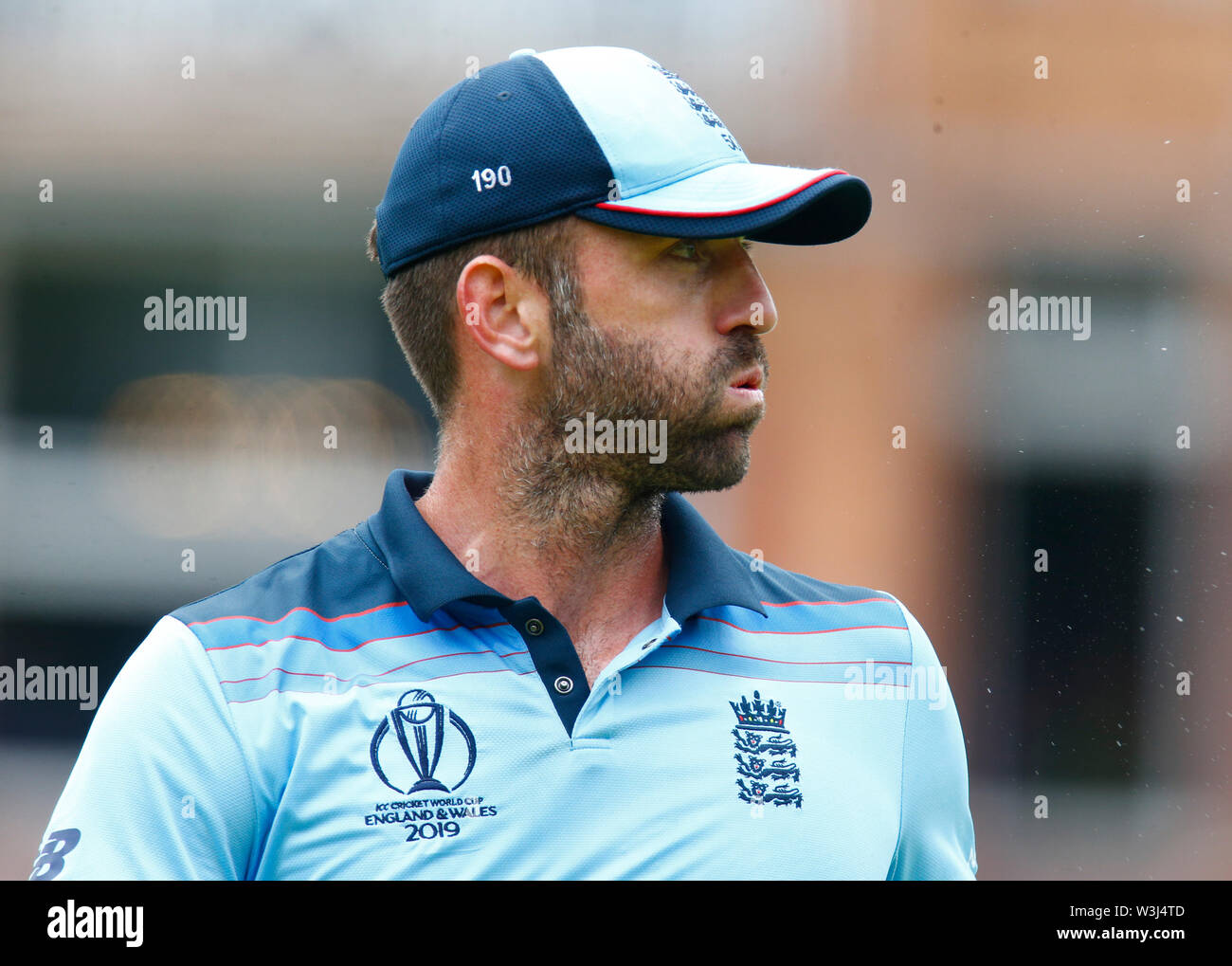 LONDON, ENGLAND. JULY 14: Liam Plunkett of England during ICC Cricket World Cup Final between England and New Zealand  at the Lord's Cricket Ground on Stock Photo
