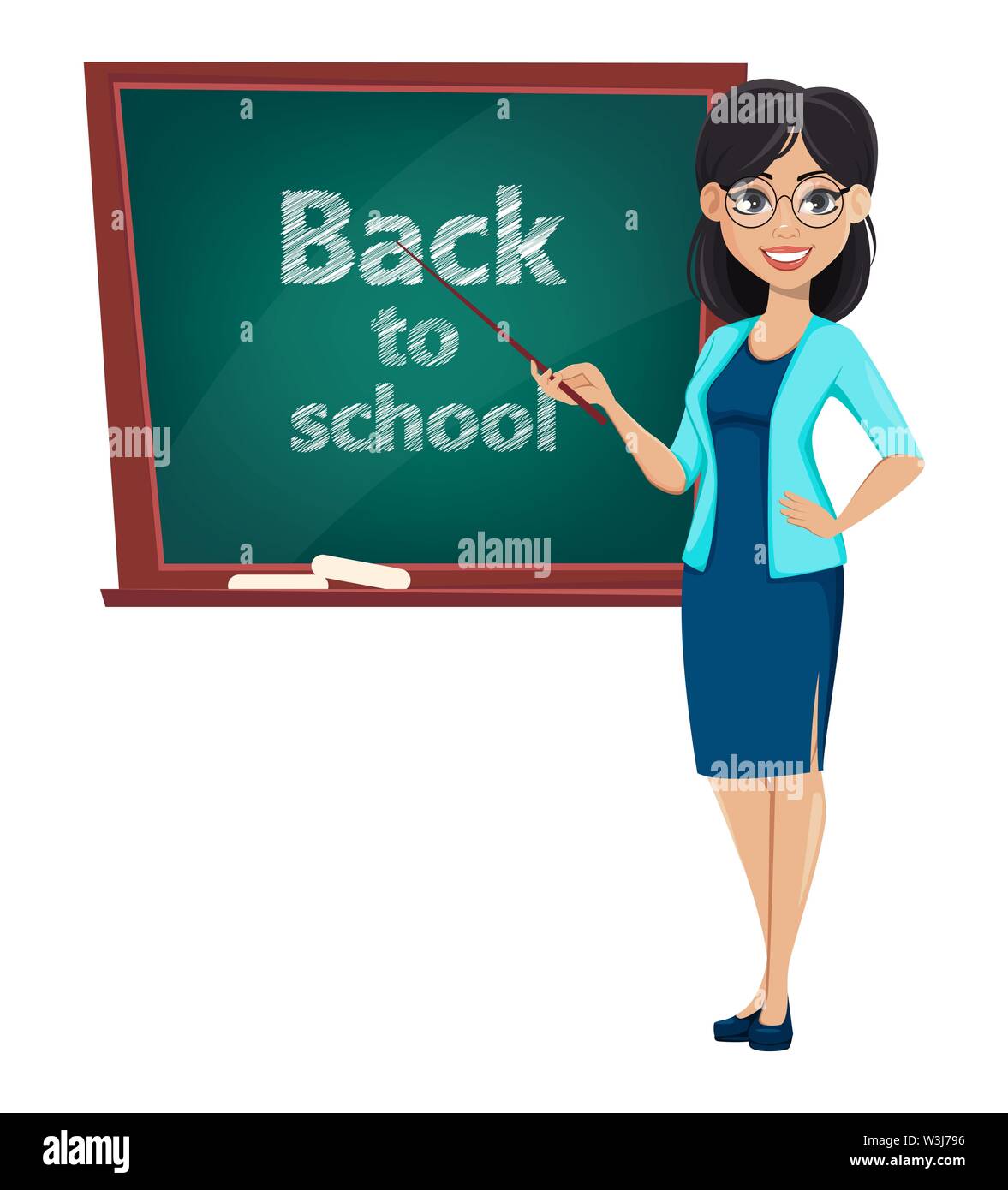 Back to school. Teacher woman cartoon character stands near chalkboard. Teacher's day. Vector illustration Stock Vector