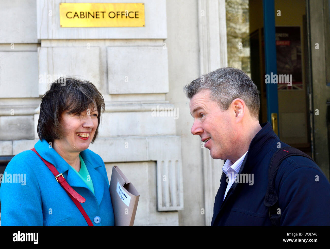 Frances O'Grady (General Secretary of the TUC) talking to Mark Serwotka (General Secretary, Public and Commercial Services union) outside the Cabinet Stock Photo