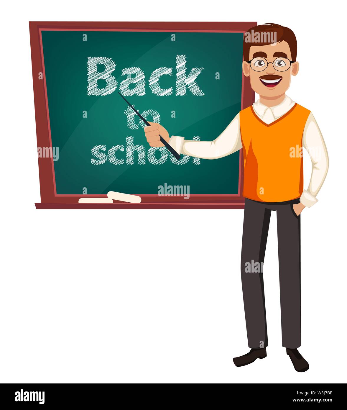 Back to school. Teacher man cartoon character stands near chalkboard