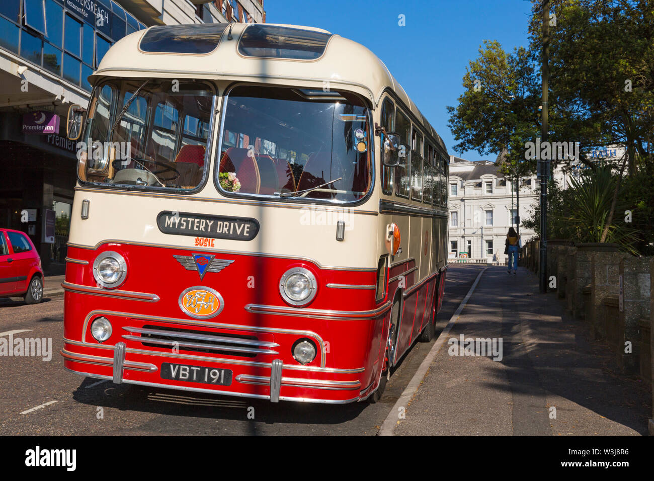 Mystery Drive vintage coach parked in road at Bournemouth, Dorset UK in ...