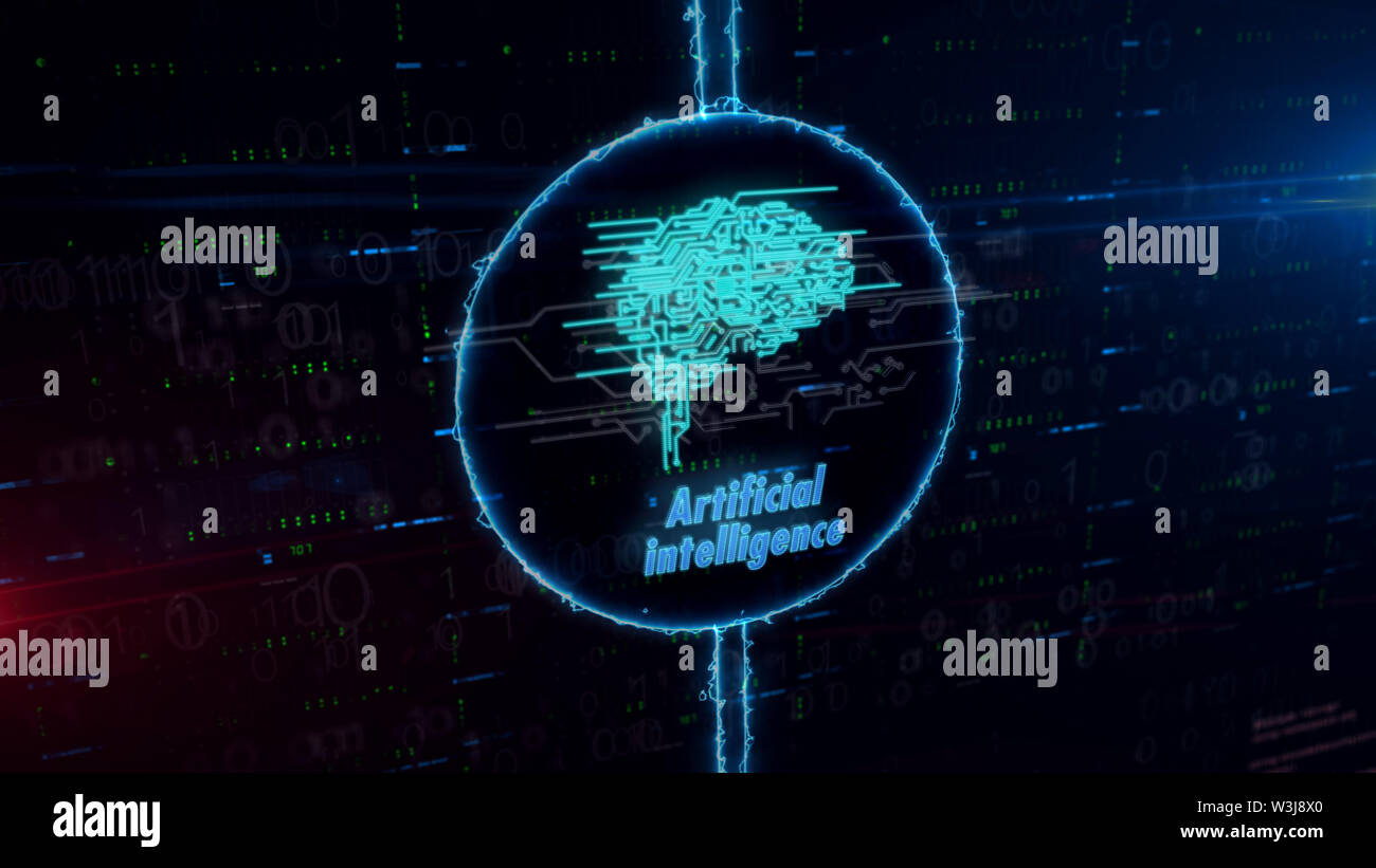 Cybernetic brain symbol hologram in dynamic electric circle on digital background. Modern concept of artificial intelligence, machine learning and cyb Stock Photo