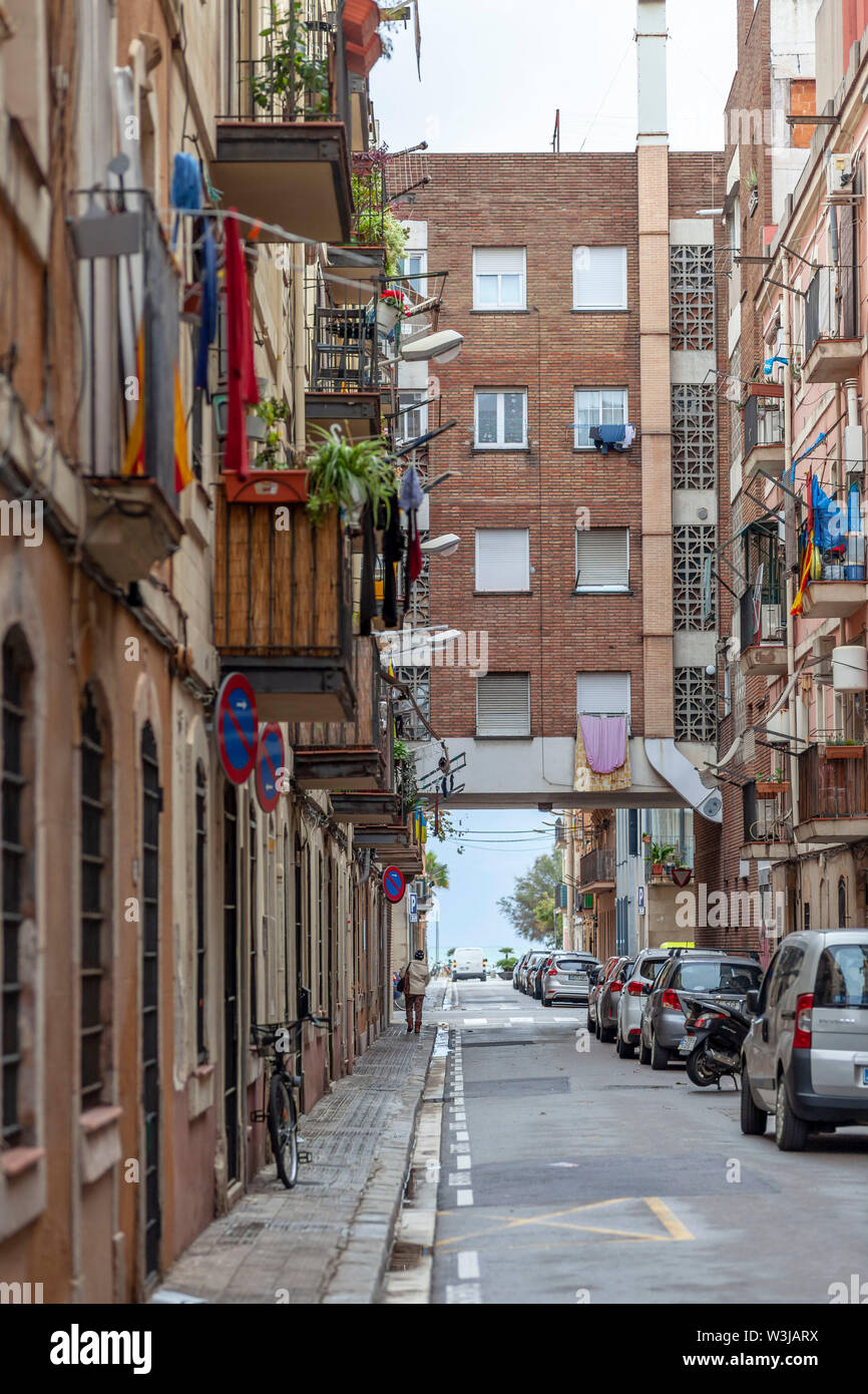 Street in Barceloneta quarter, Barcelona, Catalonia, Spain. Stock Photo