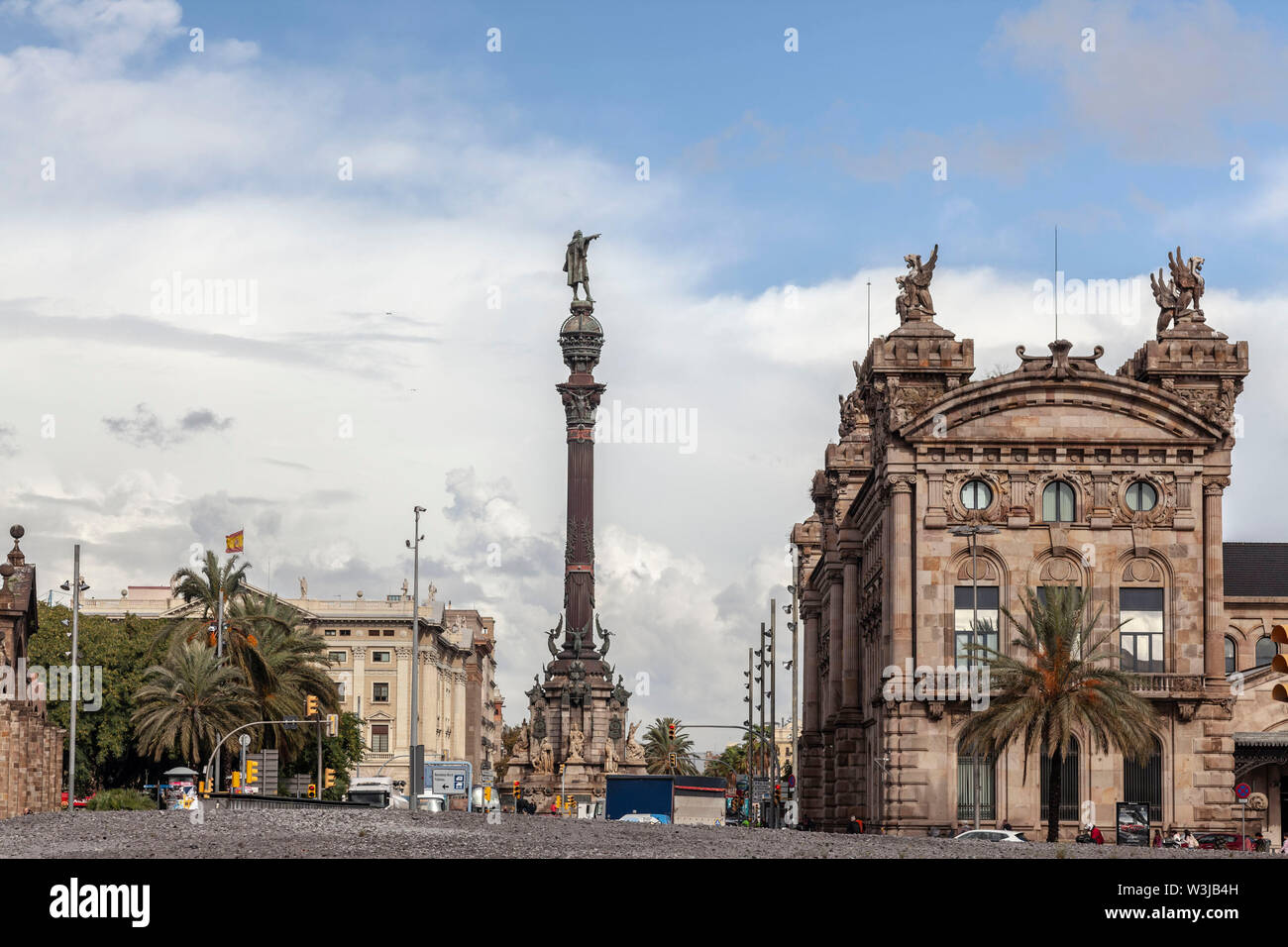 BARCELONA,SPAIN-OCTOBER 31,2019: Monument and building in Port, Columbus statue. Stock Photo