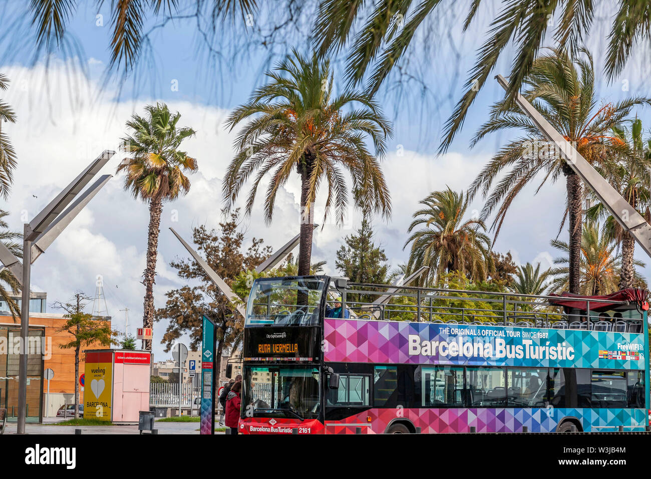 BARCELONA,SPAIN-OCTOBER 31,2019:  Touristic bus in port. Stock Photo