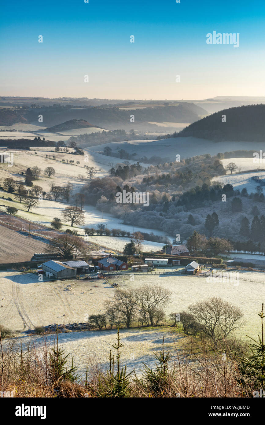 Looking towards Dancombe village from Jerry Noddle on a frosty winter's morning Stock Photo