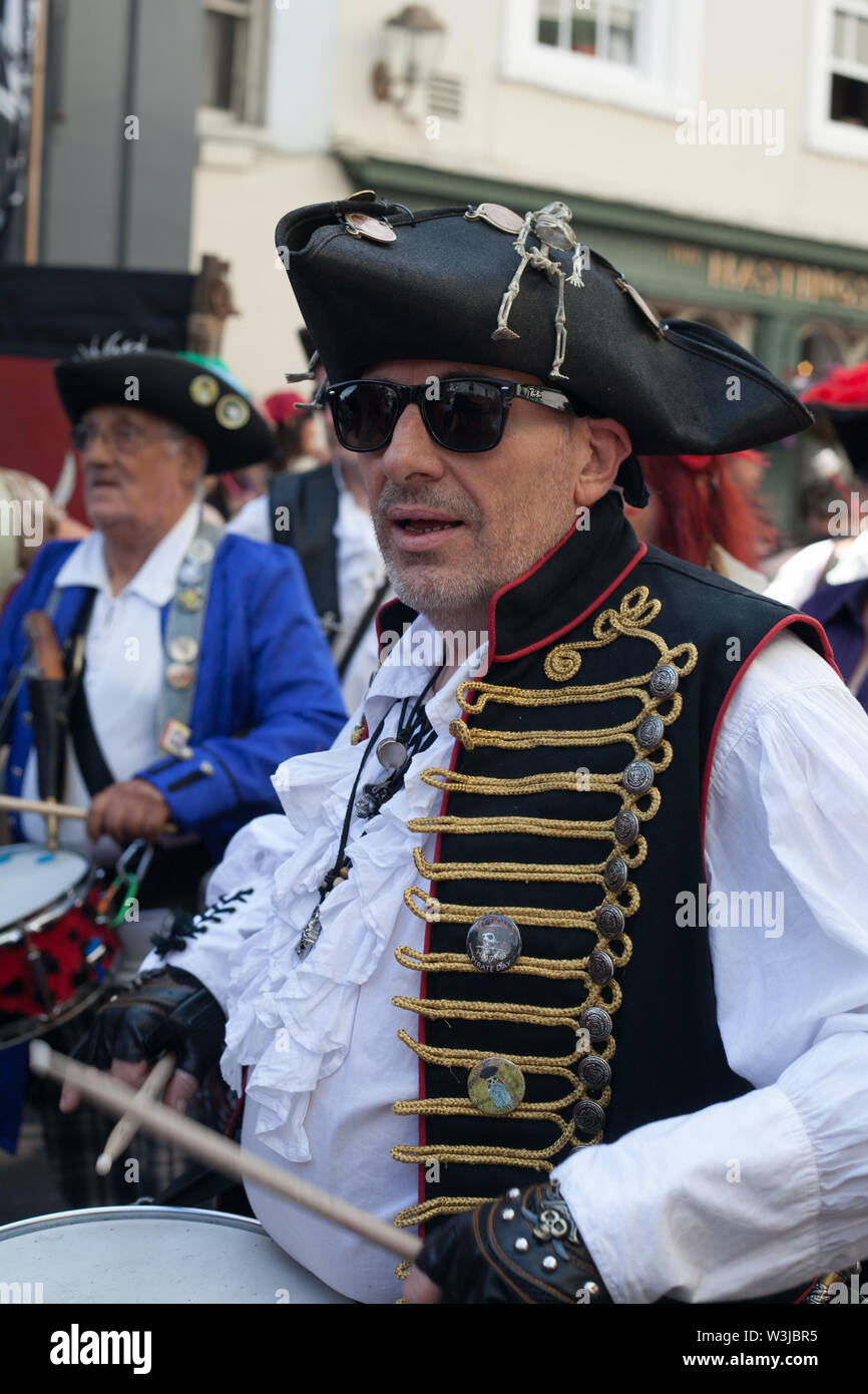 Drummers drumming at Pirate Day parade in July, Hastings, East Sussex, UK Stock Photo