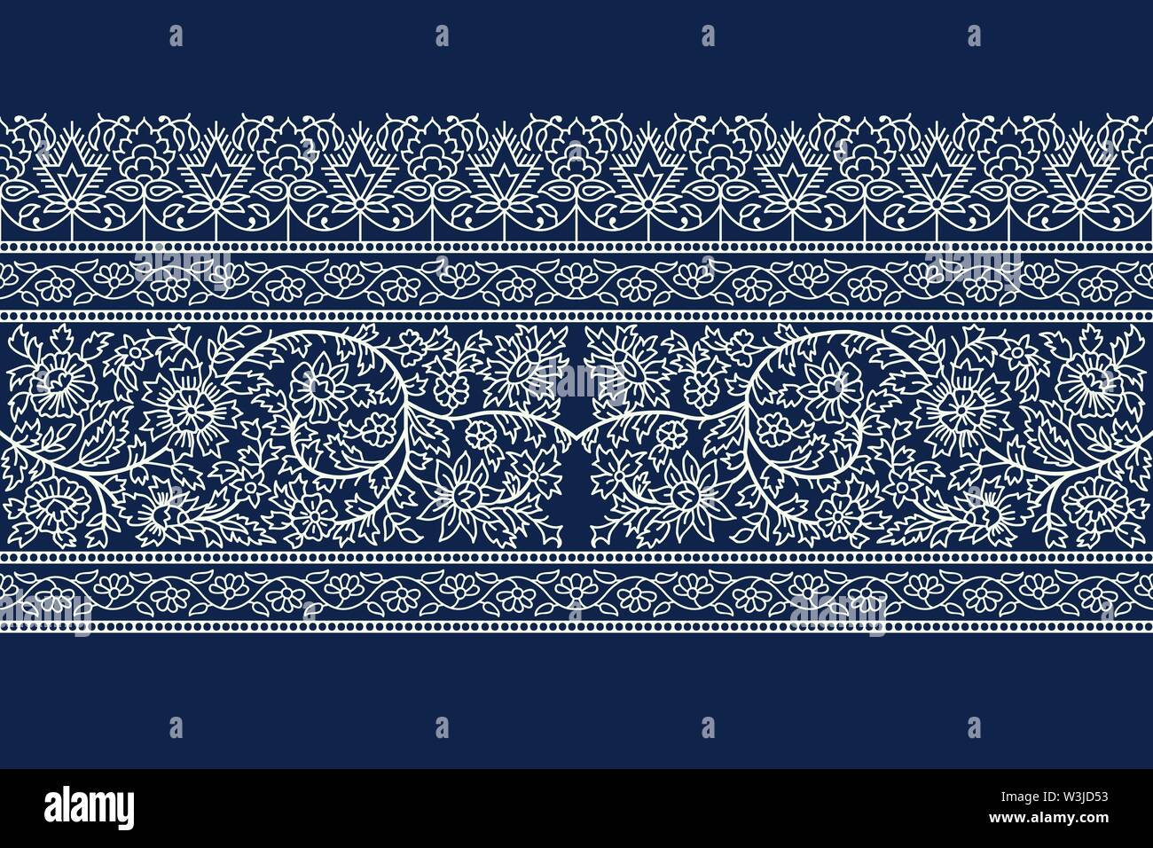 Woodblock printed indigo dye seamless floral ethnic border. Traditional oriental ornament of India, flower garland motif, ecru on navy blue background Stock Vector