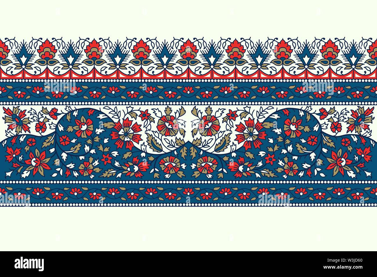 Woodblock printed indigo dye seamless floral ethnic border. Traditional oriental ornament of India, flower garland motif, blue, red and gold tones Stock Vector