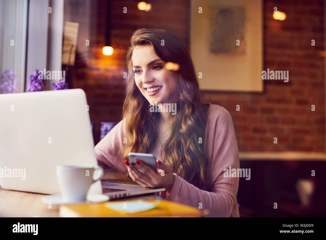 Beautiful young woman working with laptop from coffee shop Stock Photo ...