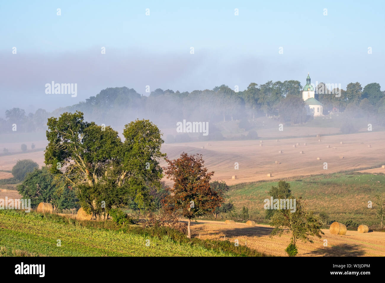 Misty morning in a beautiful rural landscape Stock Photo - Alamy