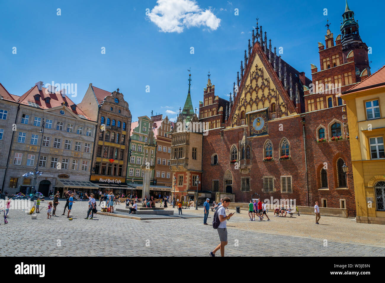 Wroclaw, Poland - July 2019:  The main market square in the old town of Wroclaw, Poland. Wroclaw square is one of the largest markets in Europe. Stock Photo