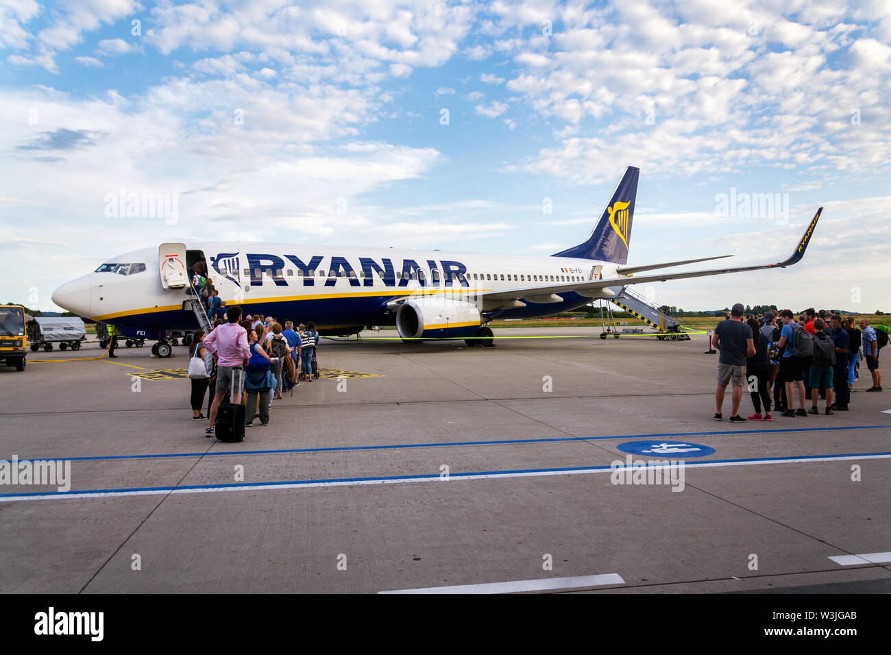 MEMMINGEN, GERMANY JULY 6 2019 People boarding Ryanair Irish low