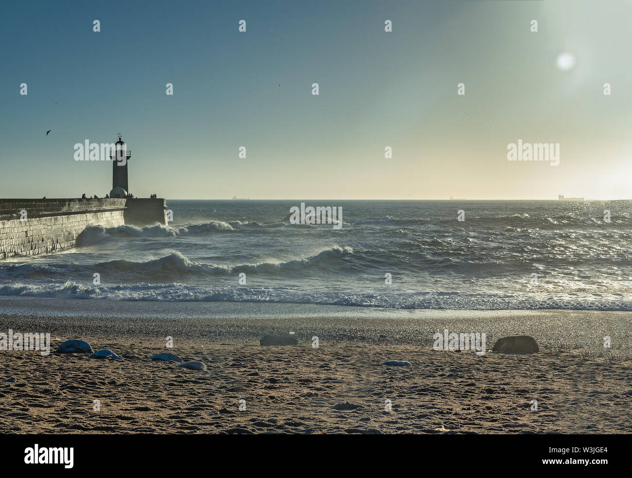 Sunset at Felgueiras Lighthouse in Porto, Portugal Stock Photo