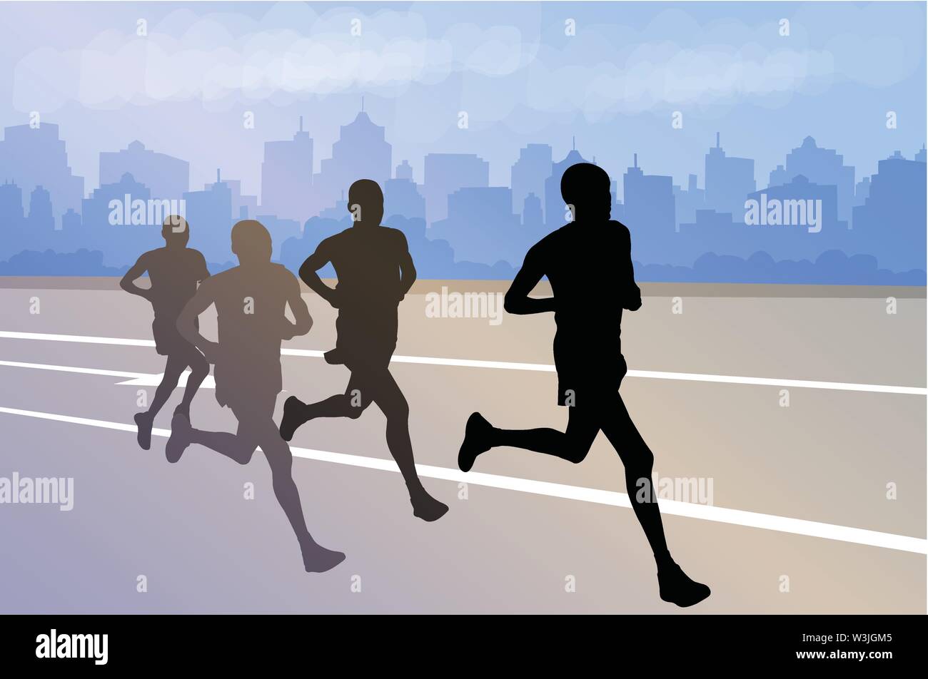 group of marathon runners silhouettes on abstract city background - vector Stock Vector