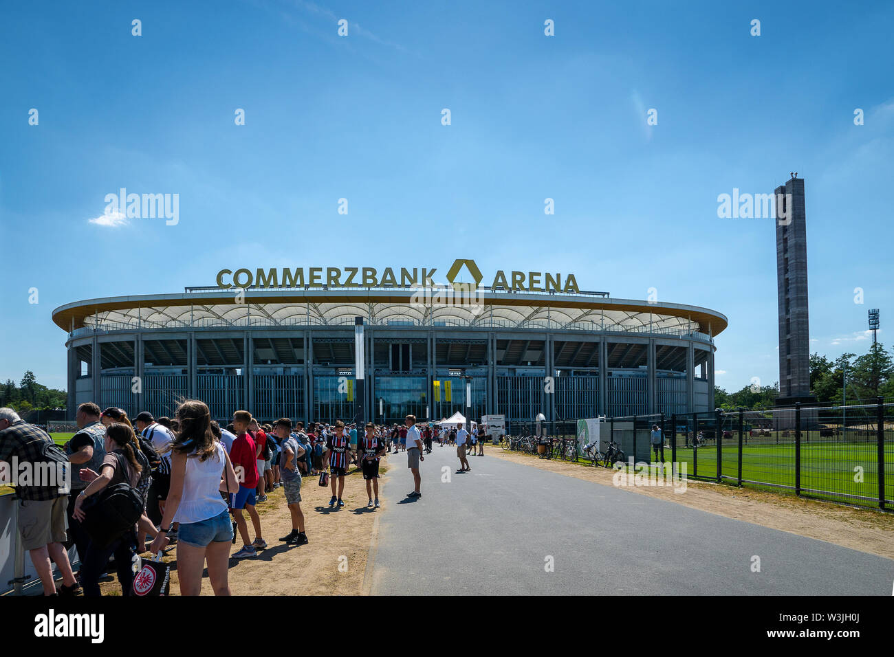 Frankfurt, Germany- July 2019: View of Commerzbank Arena and football fans. Commerzbank-Arena is home stadium of football club Eintracht Frankfurt. Stock Photo