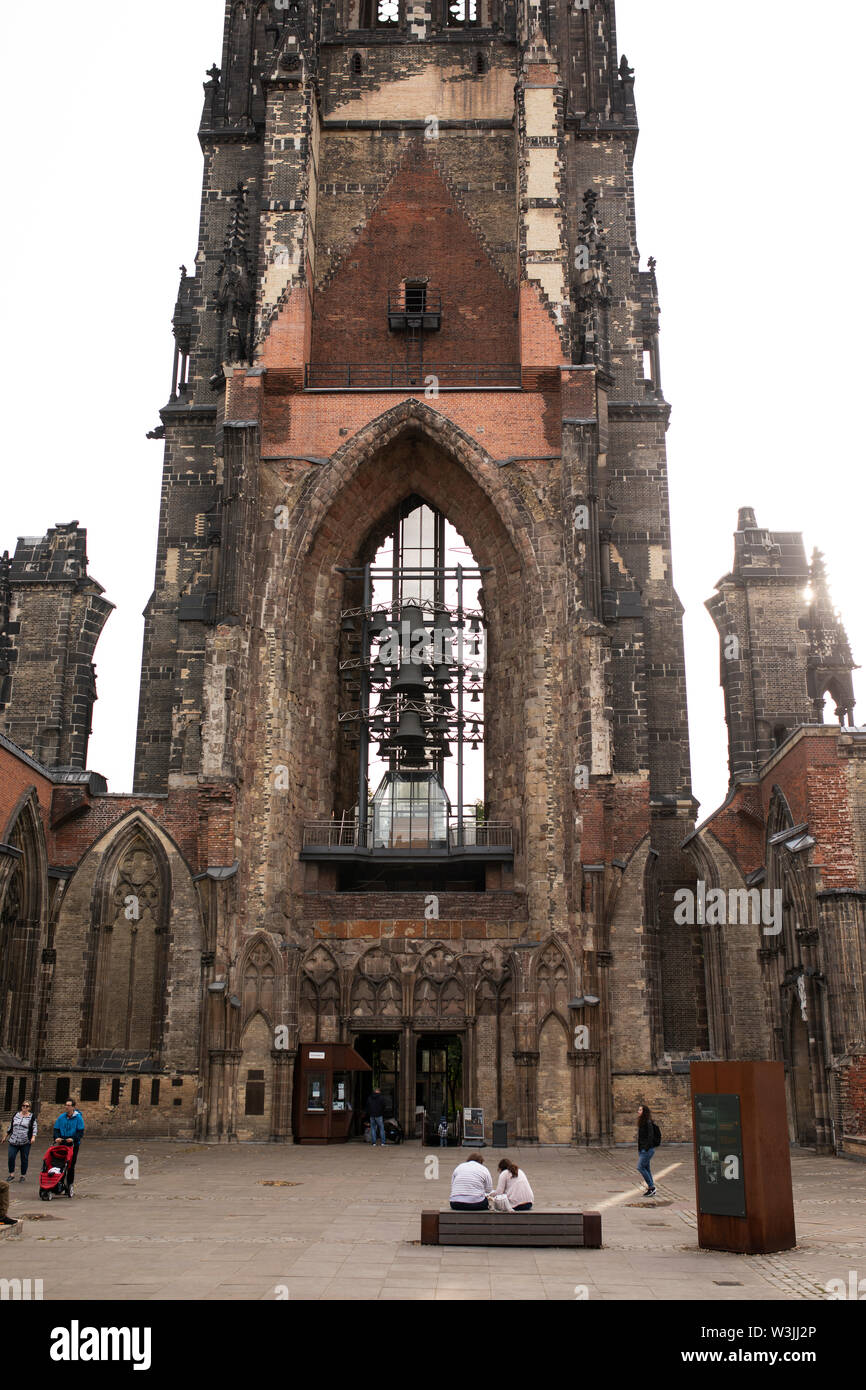 The bell tower of the St Nicholas Church (Nikolaikirche) in Hamburg, Germany, which sustained extensive damage in the bombings of World War II. Stock Photo