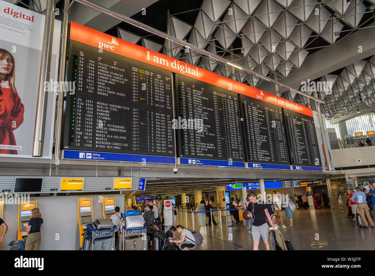 Frankfurt, Germany - July 2019: Frankfurt Airport architecture in terminal  with flight information. Frankfurt am Main Airport is a major airport in EU  Stock Photo - Alamy